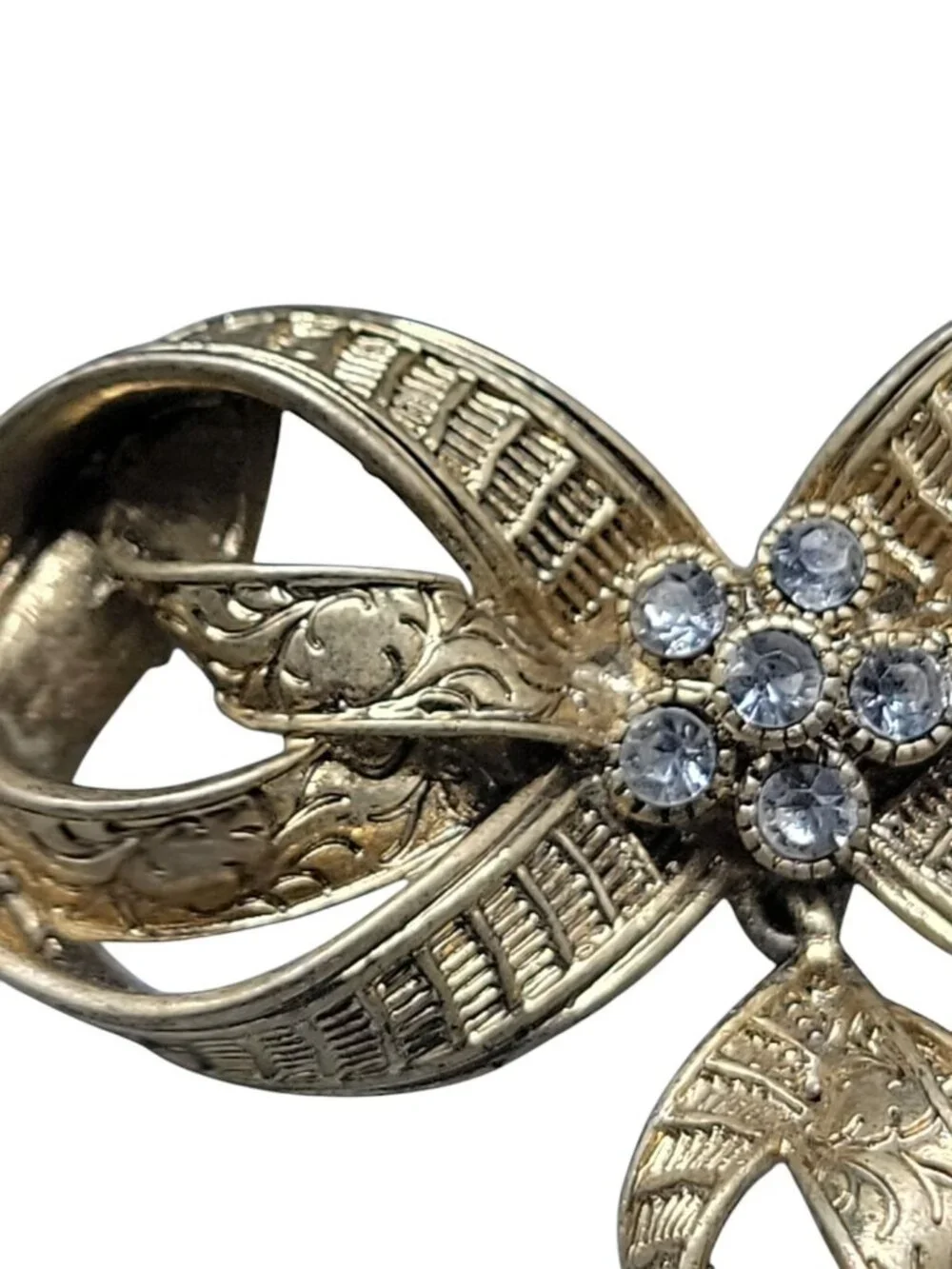 Bow Brooch Etched Multi Loop Dangling Design Rhinestone Accented Pin